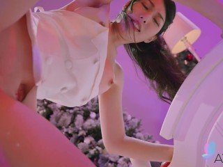 Chinese with big tits Jiaxin her wet shaved pussy ready for sex.